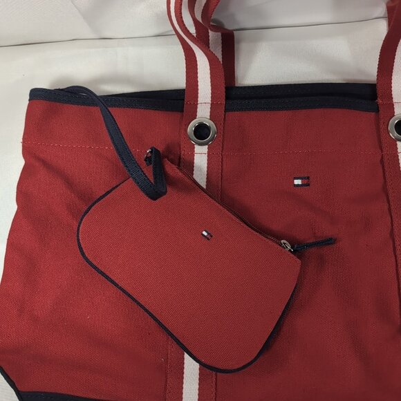 Tommy Hilfiger Tote Bag Matching Pouch Set Red Navy Blue Stripe Straps Large - Picture 2 of 13